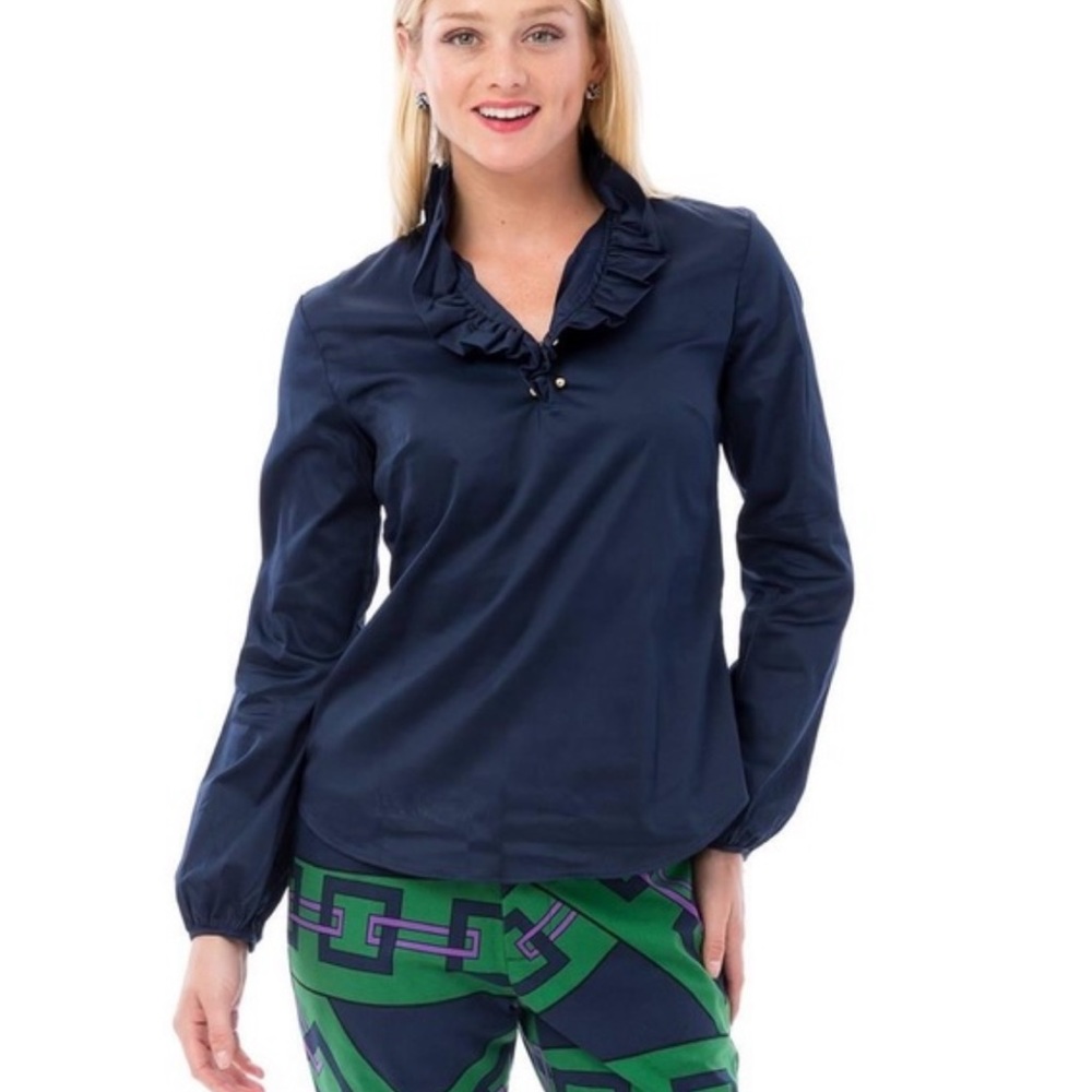 ELIZABETH MCKAY RUFFLE NECK CUFFLINK CLOSURE NAVY COTTON LONG SLEEVE BLOUSE